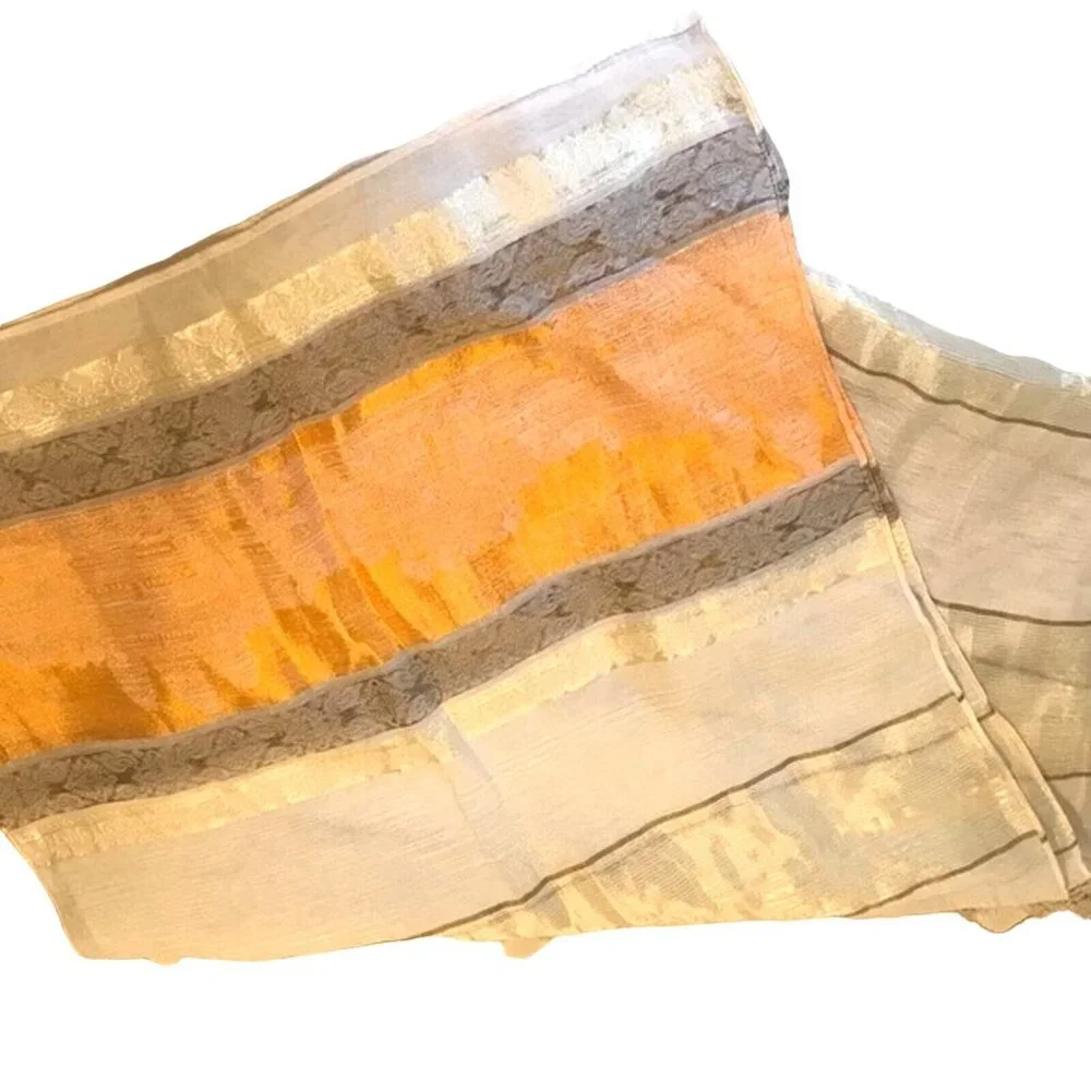 100% Silk Women's Indian Earth Neutral Colorblock Sparkle Gold Lightweight Scarf - Picture 3 of 6